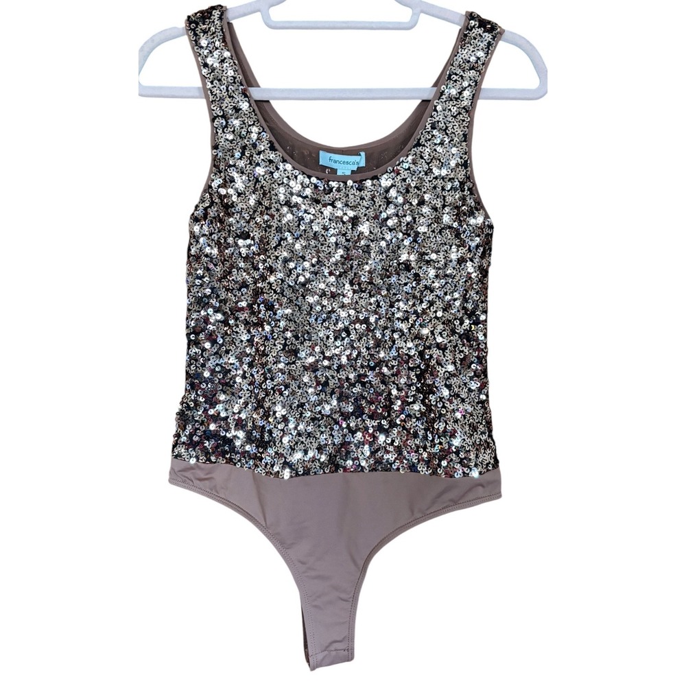 NWT Francesca's Women Sequin Bodysuit Bronze Silver‎ Sleeveless Party Top Small